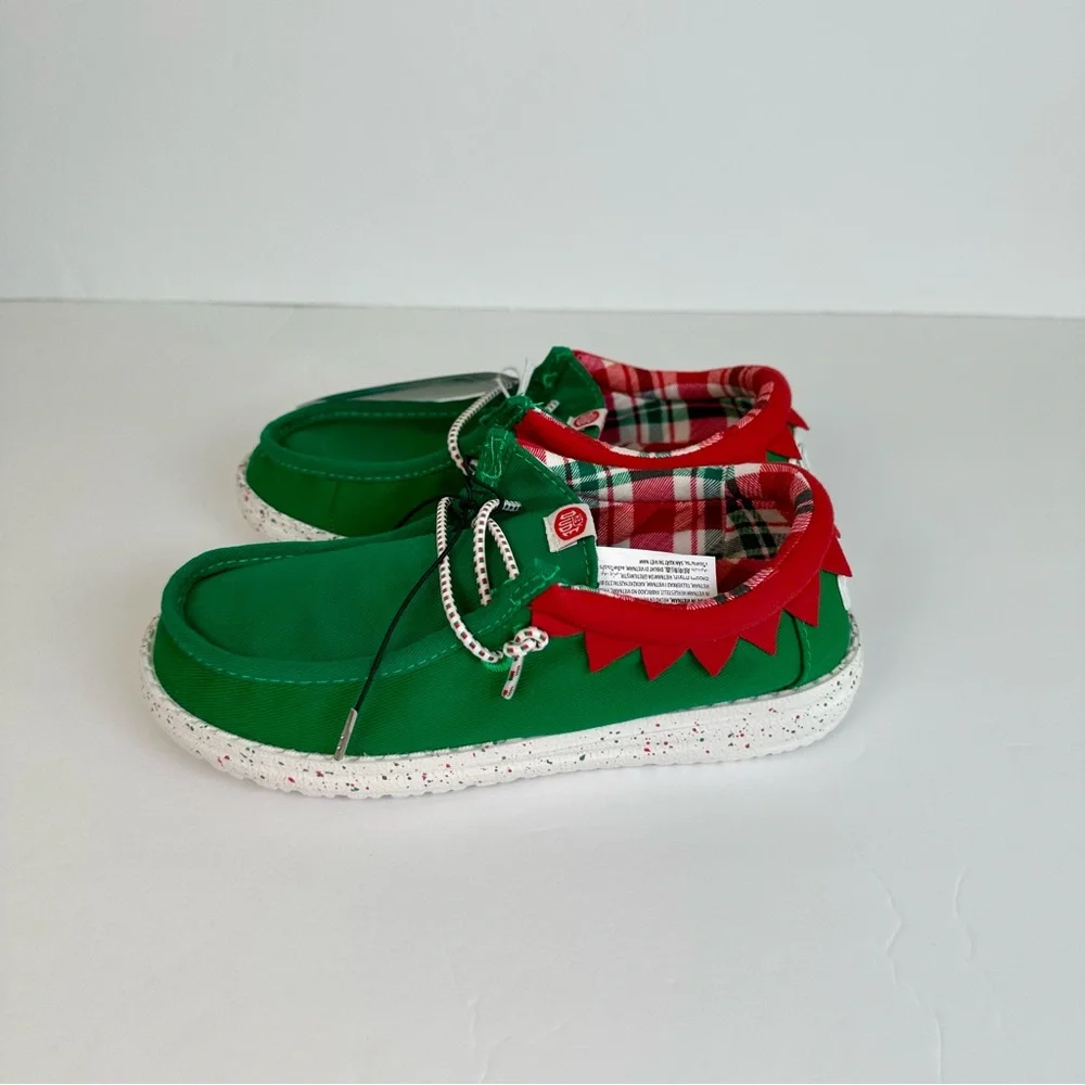 NWT-Hey Dude Kids Wally Holiday Elf Green and Red Shoes- Children’s Size 13